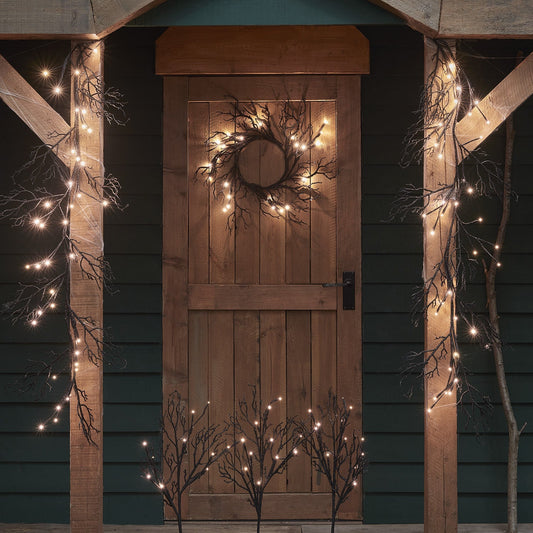 Pre Lit Black Glitter Halloween Wreath, Garland & Stake Lights